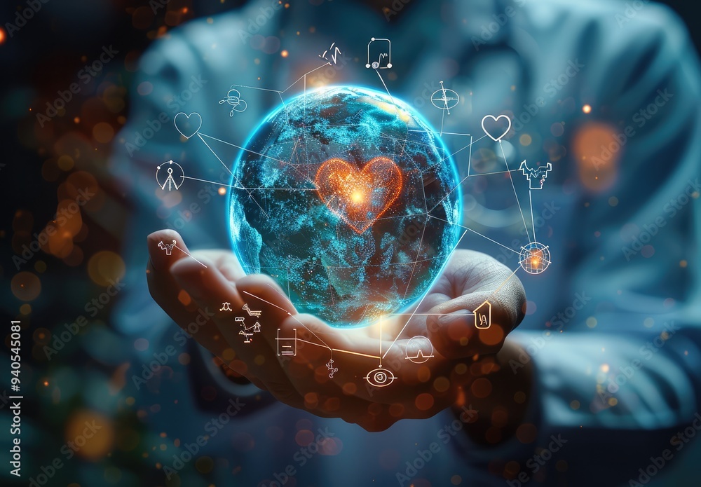 Poster a digital futuristic and technological approach to global healthcare. doctor holding a holographic g