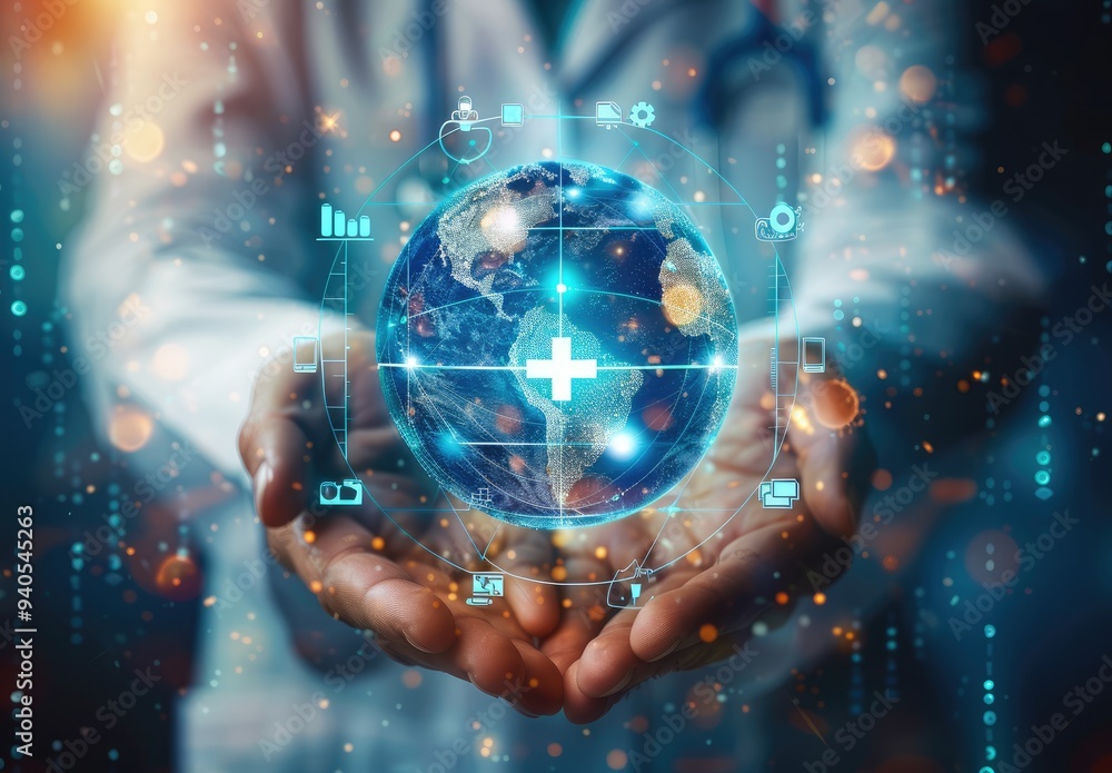 Poster a digital futuristic and technological approach to global healthcare. doctor holding a holographic g