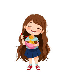 Smiling Girl with Long Brown Hair Holding Bowl of Pasta and Meatballs