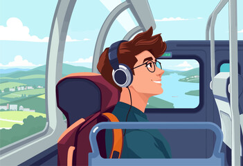 Naklejka premium Smiling Man Listening to Music on Headphones While Traveling