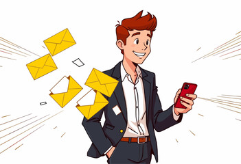 Smiling Man in Suit with Red Hair, Holding Phone with Yellow Envelopes Floating Around Him