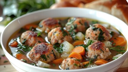 A vegetable and pork meatball soup. Generative AI.