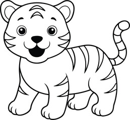 Happy and smiling baby tiger outline illustration, kids tiger line art