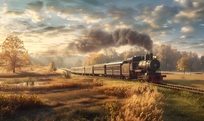 Naklejka premium Vintage steam train with ancient locomotive and old carriages runs on the tracks in the countryside. 