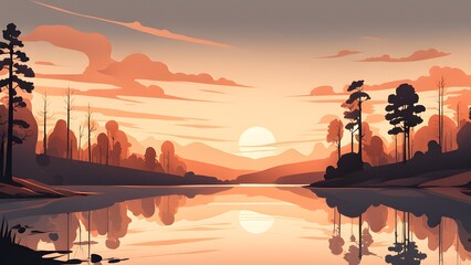 A serene and peaceful scene of a lake with a sunset in the background