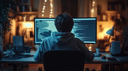 Hacker in Hoodie Coding During Cyber Attack at Night - Cinematic Photography