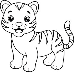 Baby Tiger outline illustration, Cool kids tiger line art standing with happy smile
