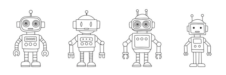 Collection of retro robot in doodle style. Hand drawn vector art.