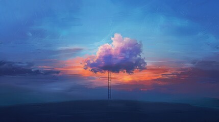 Fototapeta premium A surreal image of a ladder leading to a pink cloud against a colorful sunset, evoking dreams and imagination.