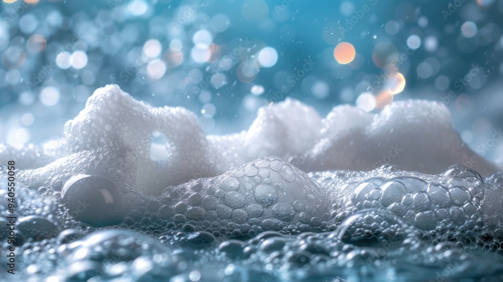 Poster close-up of foamy bubbles in sparkling water with a bokeh background, capturing a refreshing and dyn