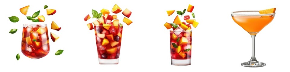 Colorful, refreshing summer cocktails with fresh fruit garnishes, isolated on white. Perfect for bar menus or festive summer events.