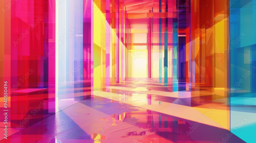Poster vibrant corridor with colorful geometric light patterns, creating a dynamic and futuristic visual ex