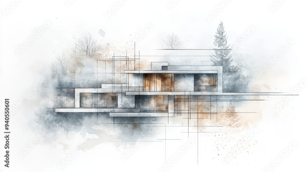 Aufkleber abstract architectural design featuring a modern house with soft colors and a hint of nature, perfec
