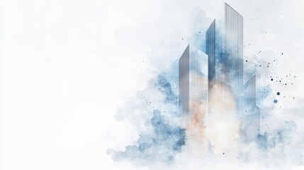 Abstract architecture featuring tall buildings enveloped in soft, colorful clouds, evoking depth and modernity.