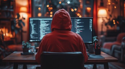 Obraz premium Online Security Threat Concept Featuring Hooded Hacker Using Computer Systems in a Dark and Atmospheric Room