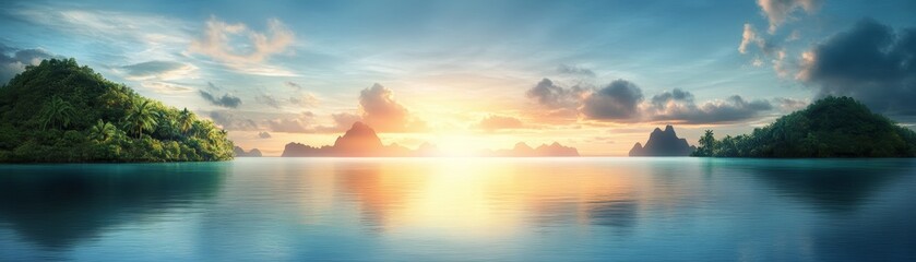 Breathtaking sunset over tranquil water, with lush islands in the distance and vibrant sky showcasing clouds, perfect for nature lovers.