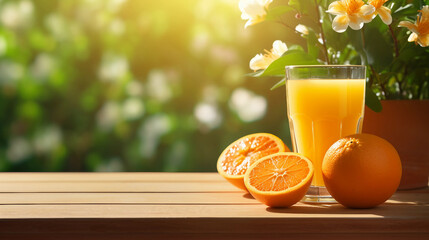 Naklejka premium Glass of Freshly Squeezed Orange Juice with Oranges