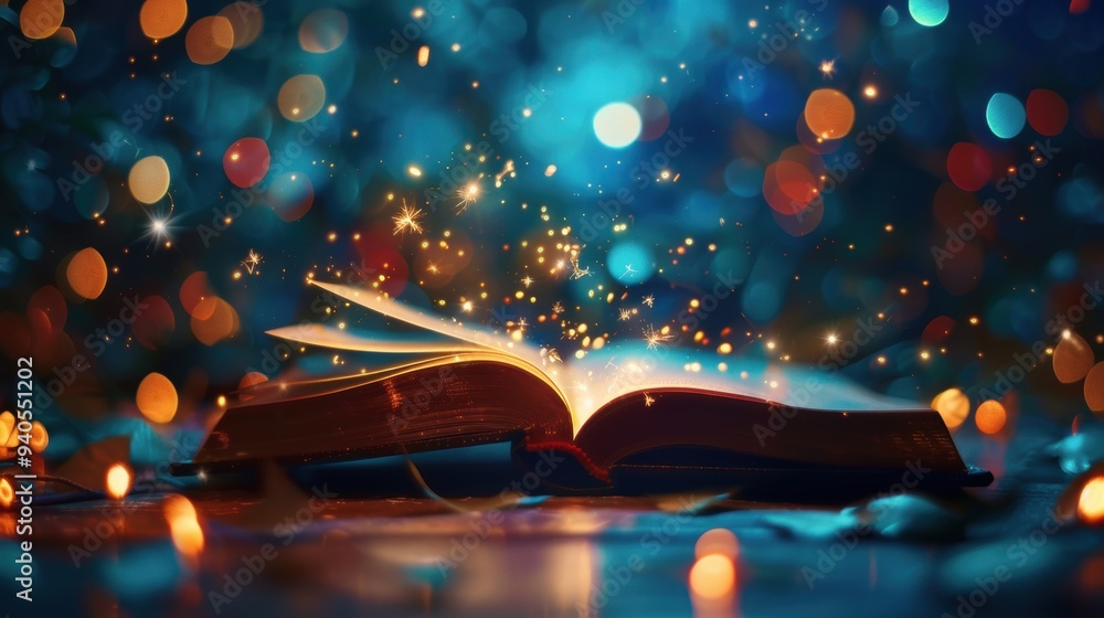 Aufkleber a magical book with sparkles and bokeh lights, creating a whimsical and enchanting atmosphere in a d