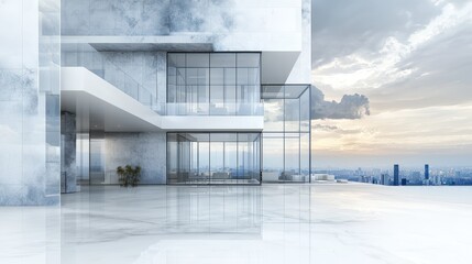 Modern architectural design featuring a spacious glass structure with marble flooring and a scenic skyline view.