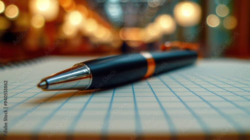 Poster close-up of a pen resting on a grid notebook with a blurred bokeh background, perfect for themes of 