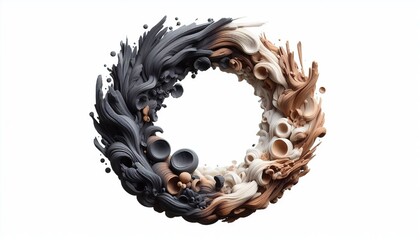 Organic Burnt  and Melting Wood Frame with Blended and Flowing Textures in Dark Browns and Off-Whites. Generated with AI.