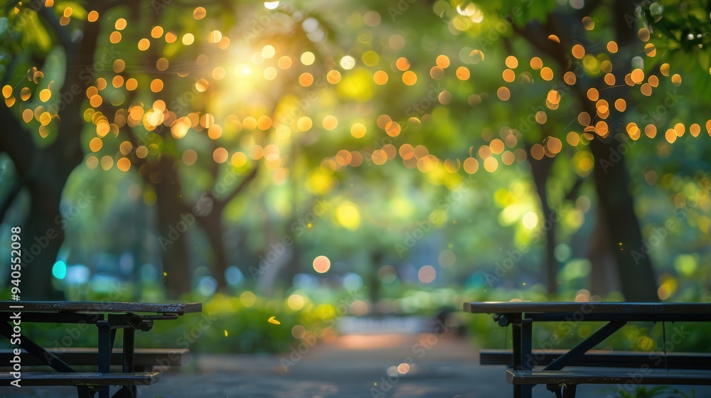 Poster peaceful park scene with blurred string lights creating a warm and inviting atmosphere during the ev