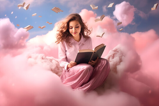 childhood and people concept - little girl hiding behind book over blue sky and pink clouds background