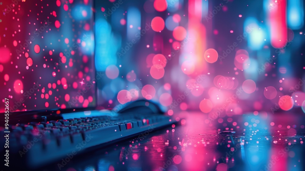 Poster a gaming setup featuring a keyboard and mouse with neon bokeh lights, creating a vibrant and futuris