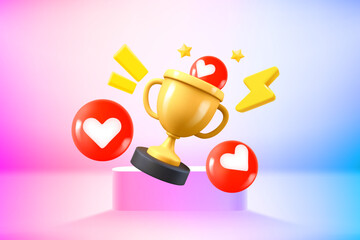 Vivid room with shiny golden cup and social media icons. 3d style vector illustration