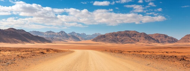 Naklejka premium A dirt path traverses a desert, surrounded by towering mountains and capped with a clear blue sky dotted with fluffy white clouds