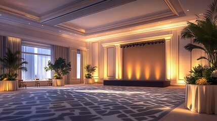 Bright and Inviting Event Space with a Stage, Soft Lighting, and Patterned Floor