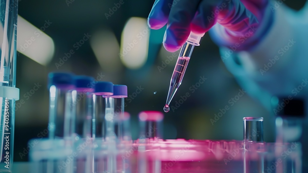 Wall mural Close-up of a gloved hand holding a pipette, dropping a liquid into a test tube during a substance testing experiment