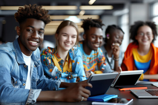 Group of diverse young students collaborating in modern classroom, each using tablets. Smiling and engaging in interactive learning session without any visible teacher