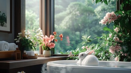 Fototapeta premium A rabbit relaxing in a luxurious spa nestled in a lush forest, surrounded by exotic flowers, soothing steam, and elegant decor, creating a serene retreat.