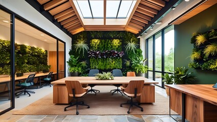 Fototapeta premium Immerse yourself in the calming essence of nature with this biophilic office interior design. combining natural materials with abundant greenery to create a tranquil, energizing workspace.