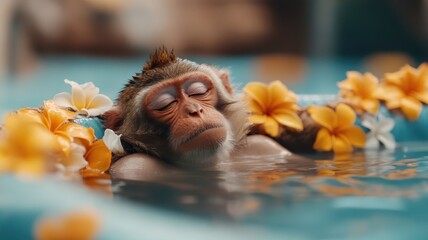 A monkey relaxing in a luxurious spa with exotic flowers, showcasing a surprising element of comfort and indulgence.