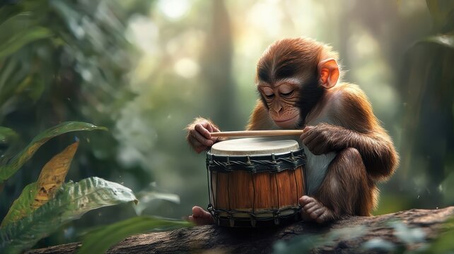 A monkey drumming on a jungle log, surrounded by lush foliage, creating a lively and energetic rhythm in the wild.
