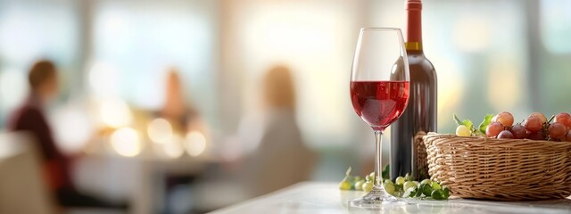  A glass of wine, a basket of grapes, and a bottle on a table - people in the background