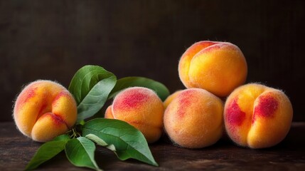 A still life photograph of peaches and leaves, with the soft fuzz adding depth and texture, peach, fuzz, still life