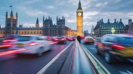 Obraz premium Long exposure of cars and taxis crossing the Westminster bridge with big Ben in the background in the evening which is very beautiful