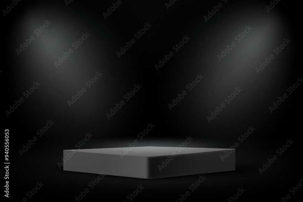Poster dark studio with podium and projectors. 3d vector illustration
