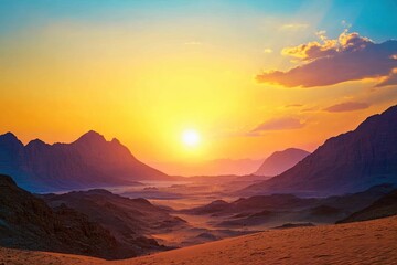 Naklejka premium Epic sunset landscape sky with big bright sun going behind the mountains in Egypt , ai