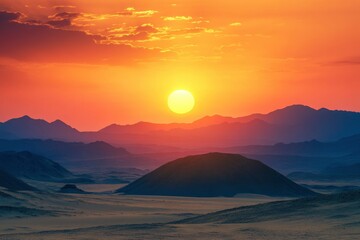 Epic sunset landscape sky with big bright sun going behind the mountains in Egypt , ai