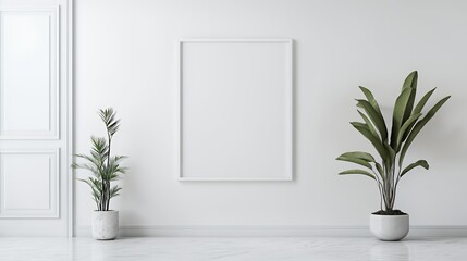 Minimalist interior with two potted plants and a blank frame on a white wall.