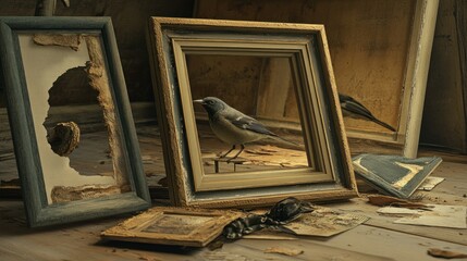 A Bird Framed in Worn Wooden Frames on a Rustic Tabletop
