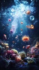 A dynamic artwork depicting plankton clusters supporting a food chain, showcasing the conversion of biomass in a vibrant marine setting. 