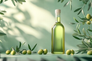 Elegant bottle of olive oil with fresh olive branches and olives on a green background, perfect for culinary and health themes.