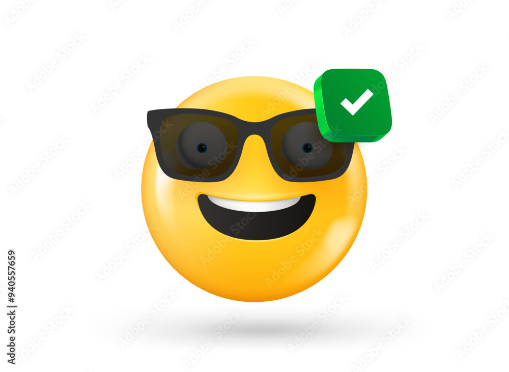 Poster Smiling face with checkmark icon. 3d vector object isolated on white background