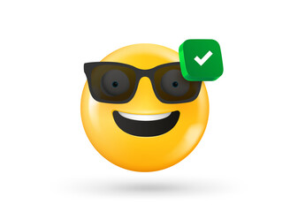 Smiling face with checkmark icon. 3d vector object isolated on white background