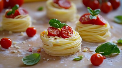 Homemade pasta nests with pepperoni